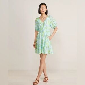 NWT Vineyard Vines Puff Sleeve Dress Green Blue V-Neck Mini Floral Pockets Sz XS